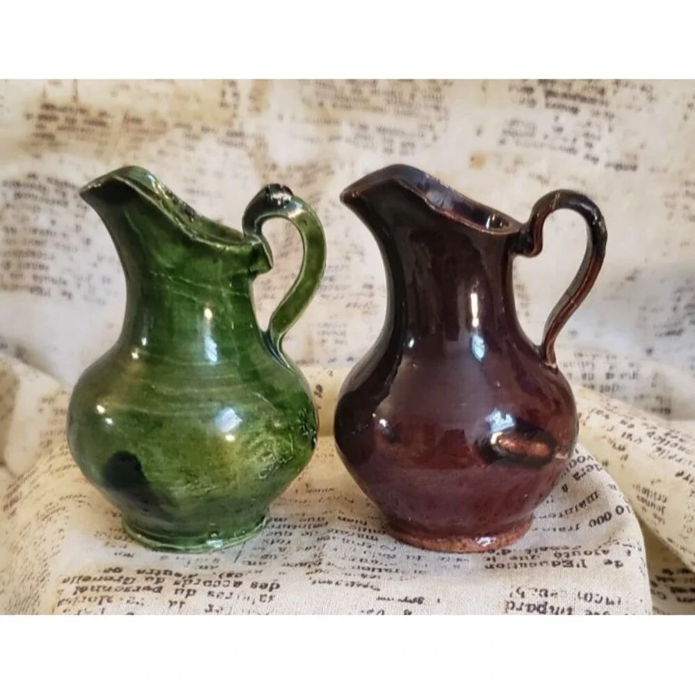 Artsy, Earth Tones, Boho  - Two Vintage Bulb Shaped Miniature Pitchers